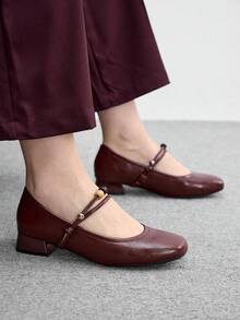 CUCCOO BIZCHIC Women's Beaded Buckle Block Heel Brown Low Heel Flats With Square Toe, Retro Style For Commuting, Daily Wear, Dating, And Vacation, Versatile Flats - Burgundy - View 4