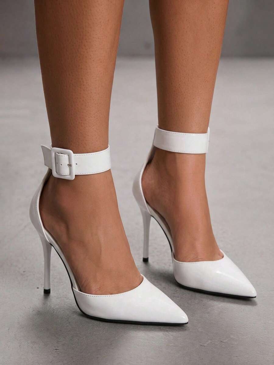 CUCCOO SZL 女款尖頭細高跟鞋，寬踝扣大扣環腳踝綁帶，低鞋口優雅宴會通勤鞋 - -128白色 - 查看 1