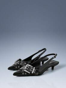 CUCCOO GRLICON Buckle Design Pointed Kitten And Locomotive Style Black PU Leather Women's High Heels Single Shoes Fashionable, Outdoor - Black - View 4
