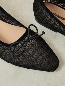 Styleloop New In Spring And Summer, Fashionable And Casual, Breathable And Hollowed Out, Bow Wave Pattern Round Toe Flats, Casual And Versatile Fall Shoes - Black velvet black wave pattern - View 11