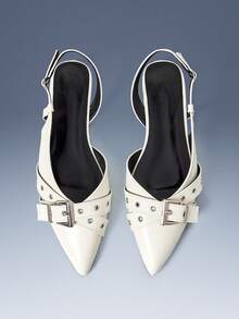CUCCOO GRLICON Cross Multi-Buckle Design Pointed Flat Sandals White PU Leather Versatile Low-Heeled Single Shoes Women, Suitable For Commuting And Office - White - View 1
