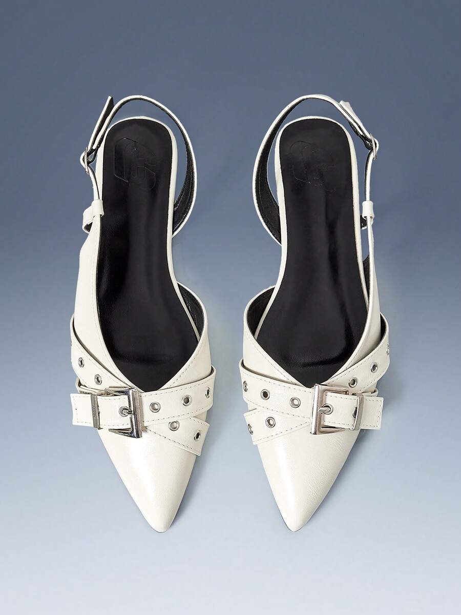 CUCCOO GRLICON Cross Multi-Buckle Design Pointed Flat Sandals White PU Leather Versatile Low-Heeled Single Shoes Women, Suitable For Commuting And Office - White - View 1