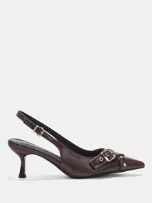 CUCCOO CURVES Cool Sa Punk Style Shopping Dating Spring Summer Metal Buckle Rivet Tip Back Empty Heel Sandals - Coffee Brown 2 - View 2