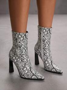 CUCCOO SZL Snake Pointed Thick Heel Short Boots Women's, Rear Zipper Retro High Heel Fashion Boots - White - View 1