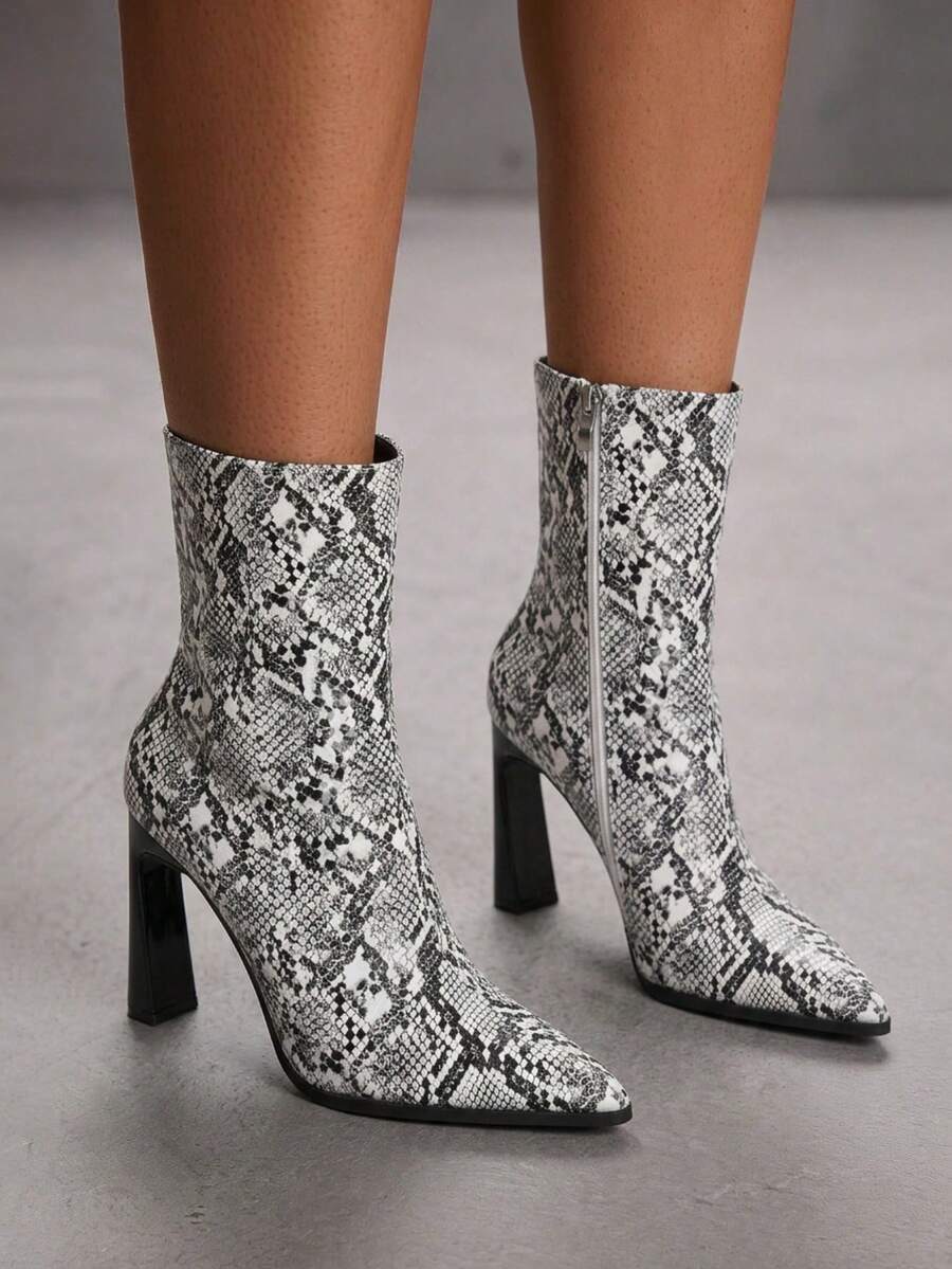 CUCCOO SZL Snake Pointed Thick Heel Short Boots Women's, Rear Zipper Retro High Heel Fashion Boots - White - View 1