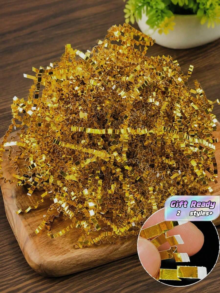 Gold Wavy Cut Paper Shred Raffia Filler For Gift Box Basket Packaging Party Decor Wedding Mothers Day Gift Wrapping - Gold - View 1