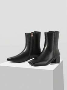 MOTF PREMIUM SIDE ZIPPER DESIGN, LUXURY FASHION, SQUARE TOE DESIGN, THICK HEEL DESIGN, AND ANKLE BOOTS. - Black - Color - View 4