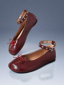 CUCCOO GRLICON Retro Split-Toed Bow Shoes For Women - Burgundy - View 2