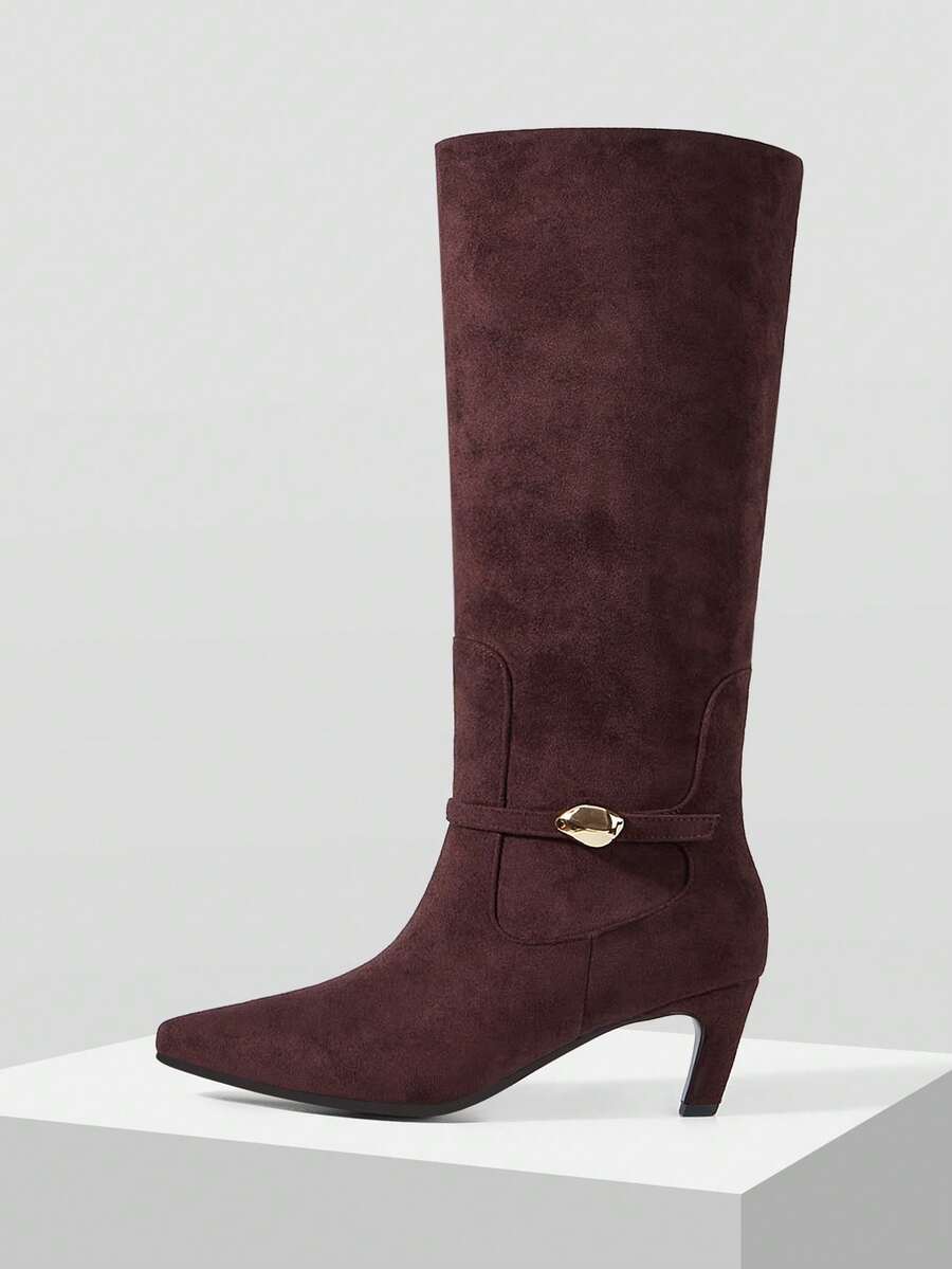 MOTF WOMEN'S FASHION PU LEATHER POINTED TOE KNEE-HIGH BOOTS FOR CHRISTMAS - Coffee brown cashmere - View 2