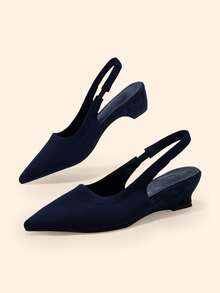 CUCCOO BASICS Pointed Toe Slingback Sandals Women's, Low Heel Thick Heel Elastic Low Vamp Shoes - Blue - View 4