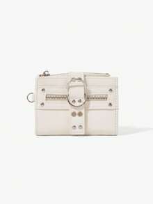 Viva Strut Y2K Beige Zipper Wallet With Metal Rivets And Buckles, Unisex Card Clip Wallet, Suitable For Daily, Travel, Shopping, Festivals, Schools - Off-white - View 2