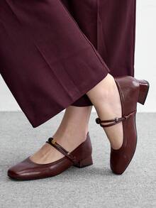 CUCCOO BIZCHIC Women's Beaded Buckle Block Heel Brown Low Heel Flats With Square Toe, Retro Style For Commuting, Daily Wear, Dating, And Vacation, Versatile Flats - Burgundy - View 3
