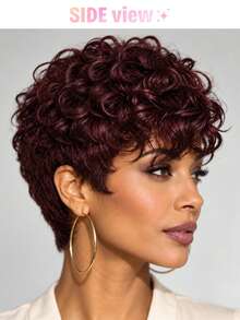 Chic Curly Pixie Cut Wig With Bangs Real Human Hair Short Curly Wave Wig 1B Black Color, 4# Brown Color, 99J Burgundy Color None Lace Front Rose Net Cap Breathable, Perfect For Daily Use, Curly Hair Texture Stylish Haircut Throw On And Go Wig - Multicolor - View 8