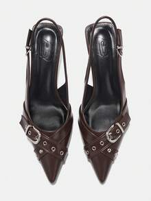 CUCCOO CURVES Cool Sa Punk Style Shopping Dating Spring Summer Metal Buckle Rivet Tip Back Empty Heel Sandals - Coffee Brown 2 - View 3