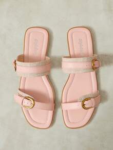Styleloop French Maillard Style Double Gold Buckle Sandals Soft Sole Non-Slip Flat Roman Shoes Summer Wear Versatile Belt Shoes - Lotus root pink T - View 1