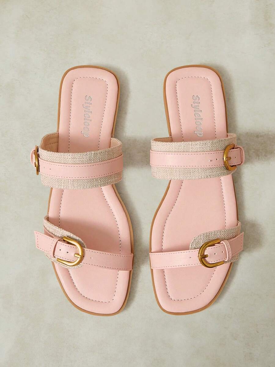 Styleloop French Maillard Style Double Gold Buckle Sandals Soft Sole Non-Slip Flat Roman Shoes Summer Wear Versatile Belt Shoes - Lotus root pink T - View 1