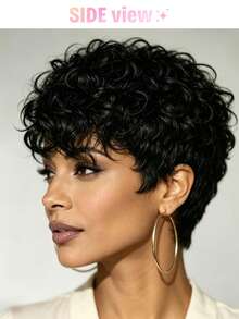 Chic Curly Pixie Cut Wig With Bangs Real Human Hair Short Curly Wave Wig 1B Black Color, 4# Brown Color, 99J Burgundy Color None Lace Front Rose Net Cap Breathable, Perfect For Daily Use, Curly Hair Texture Stylish Haircut Throw On And Go Wig - Multicolor - View 11