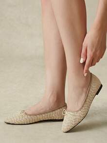 Styleloop New In Spring And Summer, Fashionable And Casual, Breathable And Hollowed Out, Bow Wave Pattern Round Toe Flats, Casual And Versatile Fall Shoes - Apricot velvet apricot spray pattern - View 6
