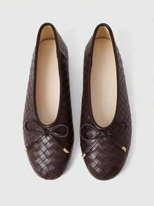 Sleekvia Autumn New Gentle Style Bow Ballet Shoes, Woven Pattern Round Toe Low Vamp Soft Sole Versatile Casual Women's Shoes - Mocha Brown - View 1