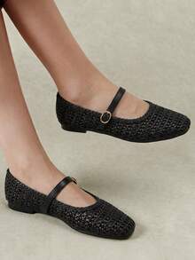 Styleloop Women's Fashion Square Toe Hollow Knitting Suitable For Daily Leisure Commuting Buckle Flat Shoes Fall Shoes - Black - View 2