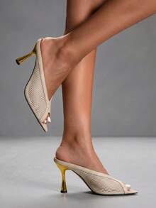CUCCOO SZL Fashion Temperament Commuter V-Mouth Pointed Fish Mouth Hollow Woven Mesh Semi-Drag High Heels Outer Wear - Beige - View 2