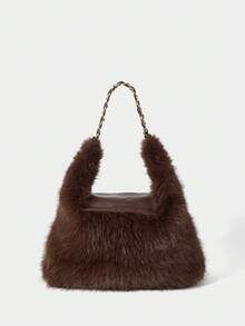 SHECARRY Women's Fashionable Elegant Simple Classic Versatile Large-Capacity Dark Brown Faux Fur Flip Shoulder Bag, Daily Commute Shopping  FW - dark brown - View 3