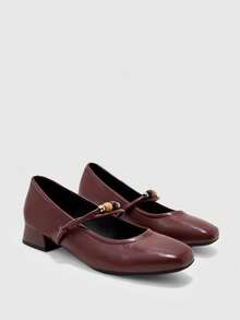 CUCCOO BIZCHIC Women's Beaded Buckle Block Heel Brown Low Heel Flats With Square Toe, Retro Style For Commuting, Daily Wear, Dating, And Vacation, Versatile Flats - Burgundy - View 7
