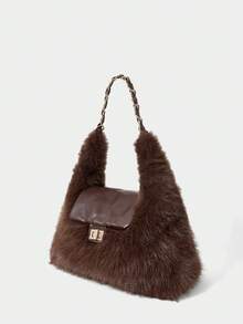 SHECARRY Women's Fashionable Elegant Simple Classic Versatile Large-Capacity Dark Brown Faux Fur Flip Shoulder Bag, Daily Commute Shopping  FW - dark brown - View 2