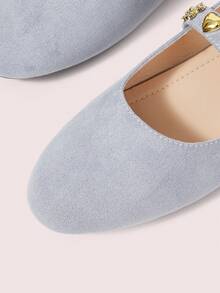 CUCCOO DOLLMOD Ladies Pink Satin Round Head Mary Jane Flats, Love Flower Metal Rivet Ribbon Ballerina - Light blue - View 4