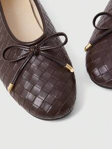 Sleekvia Autumn New Gentle Style Bow Ballet Shoes, Woven Pattern Round Toe Low Vamp Soft Sole Versatile Casual Women's Shoes - Mocha Brown - View 3