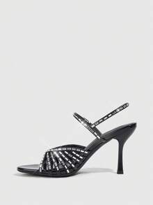 CUCCOO SZL Giày sandal nữ quai chéo đính đá sáng bóng, mũi tròn, quai cổ chân điều chỉnh được, gót nhọn, giày dự tiệc - màu đen - Xem 3