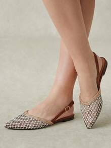 Styleloop New Holiday Style Women's Flat-Soled Shoes, Back Strap, Low Vamp Pointed, Exposed Heel, Breathable Hollow, Comfortable And Versatile, Holiday Wear Fall Shoes - Brown velvet gray mat - View 2
