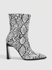 CUCCOO SZL Snake Pointed Thick Heel Short Boots Women's, Rear Zipper Retro High Heel Fashion Boots - White - View 6