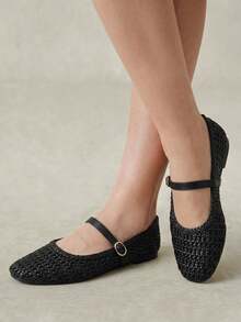 Styleloop Women's Fashion Square Toe Hollow Knitting Suitable For Daily Leisure Commuting Buckle Flat Shoes Fall Shoes - Black - View 6
