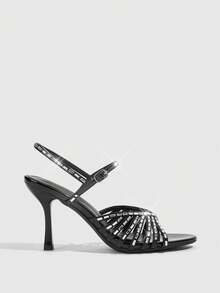 CUCCOO SZL Giày sandal nữ quai chéo đính đá sáng bóng, mũi tròn, quai cổ chân điều chỉnh được, gót nhọn, giày dự tiệc - màu đen - Xem 2