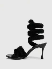 CUCCOO SZL Women's Spiral Plush Buckle Stilettos, Open-Toe Lace-Up High-Heeled Sandals, Suitable For Parties Or Club Activities - Black - View 4