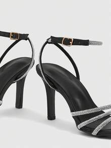 CUCCOO SZL Light Luxury Banquet Style Temperament Girls Party Dinner Summer Full Of Diamonds Open-Toed Low-Top Thin Heels With Sandals - Black - View 5
