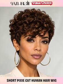 Chic Curly Pixie Cut Wig With Bangs Real Human Hair Short Curly Wave Wig 1B Black Color, 4# Brown Color, 99J Burgundy Color None Lace Front Rose Net Cap Breathable, Perfect For Daily Use, Curly Hair Texture Stylish Haircut Throw On And Go Wig - Multicolor - View 1