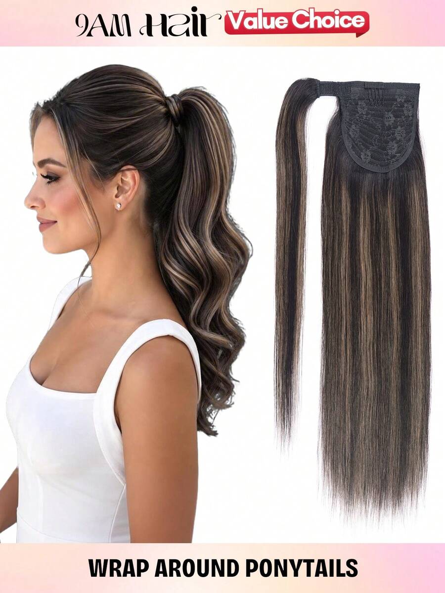 Wrap Around Ponytail Human Hair Extensions, Ombre Black To Chestnut Brown Straight Real Remy Human Hair Ponytail Hair Piece, 14-22 Inch Magic Wrap Ponytail Extension For Women, Halloween Christmas Party Daily Hairstyle - STP1B/6/1B - View 1