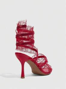 CUCCOO SZL Party-Style Stiletto Sandals, Women's Open-Toed Lace Ankle Straps, High-Heeled Sandals For Dating Parties - Red - View 5