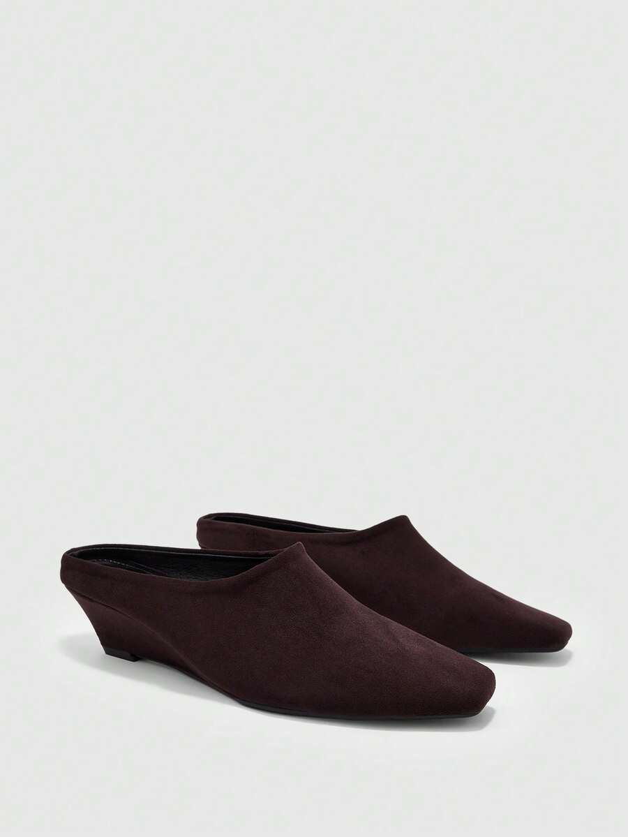 CUCCOO BIZCHIC Spring And Autumn Muller Drag Square Head Slope Heel Minimalist Suede Half Drag Women's Single Shoes Commuting Leisure Daily - Deep burgundy - View 1