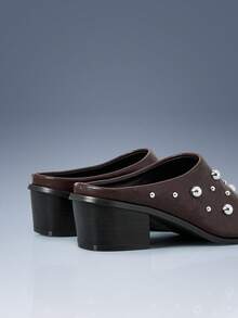 CUCCOO GRLICON European And American Style Rivet Thick Heel Bag Head Half Drag Women's Shoes Retro Muller Drag - Dark brown rivets - View 6
