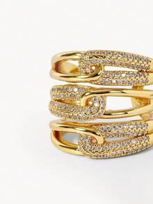 Opalesca Gold Multi-Layer Paperclip Chain Diamond Ring, Hollow Wide Version Light Luxury Open Ring - Gold - View 6