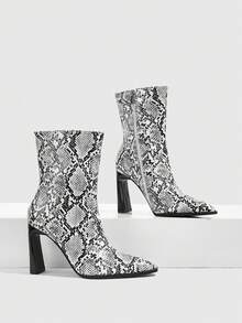 CUCCOO SZL Snake Pointed Thick Heel Short Boots Women's, Rear Zipper Retro High Heel Fashion Boots - White - View 7