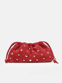 Maija Tas Clutch Wanita Modis, Elegan, Sederhana, dengan Hiasan Rivet Emas, Bahan Suede Merah, dan Tali, Cocok untuk Aktivitas Sehari-hari, Kencan, Pesta, dan Minum Teh Sore. - merah terang - View 3