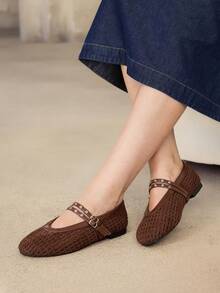 MOTF PREMIUM WOMEN WOVEN MARY JANE FLATS, HOLLOW BREATHABLE MESH FLAT SHOES, DOUBLE BUCKLE STRAP SQUARE TOE CASUAL DRESS SHOES FOR DAILY WEAR - Coffee brown suede - View 2