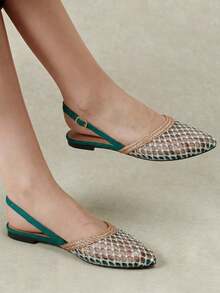Styleloop New Holiday Style Women's Flat-Soled Shoes, Back Strap, Low Vamp Pointed, Exposed Heel, Breathable Hollow, Comfortable And Versatile, Holiday Wear Fall Shoes - Dark green velvet ash mat - View 2