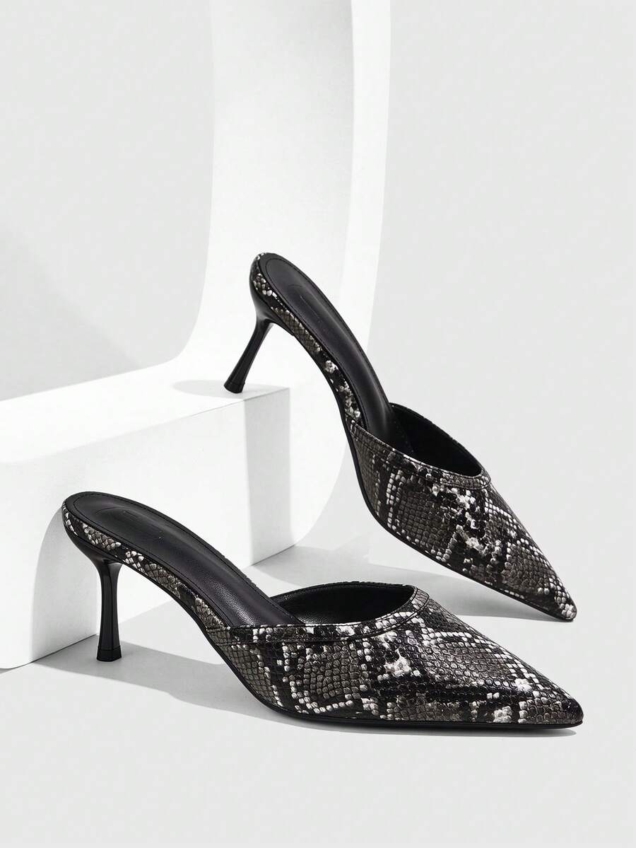 CUCCOO SZL Women's Snake-Patterned Pointed Toes With Stiletto Sandals, Backless Banquet High-Heeled Sandals - Snake Black - View 1