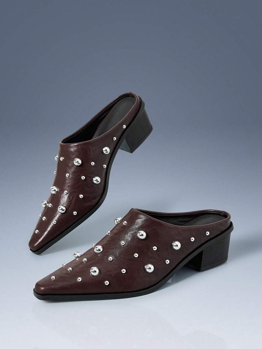 CUCCOO GRLICON European And American Style Rivet Thick Heel Bag Head Half Drag Women's Shoes Retro Muller Drag - Dark brown rivets - View 1
