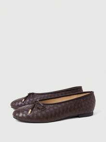 Sleekvia Autumn New Gentle Style Bow Ballet Shoes, Woven Pattern Round Toe Low Vamp Soft Sole Versatile Casual Women's Shoes - Mocha Brown - View 2